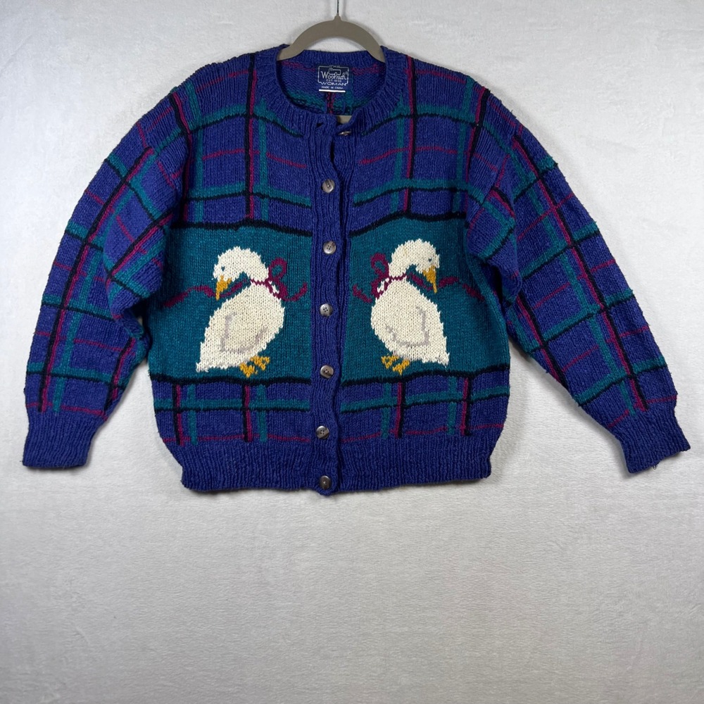 Vintage Woolrich Woman Goose Plaid Cardigan Sweater Blue Teal Knit Cottagecore